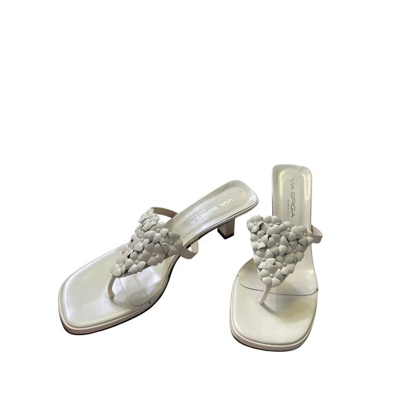 Via Spiga womans tan leather Flower kitten Heeled Sandals Size 7.5M SKU 8584 - Picture 2 of 12